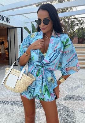 Leinen-Set: Hemd und Shorts mit Muster La Milla Sunbathing Today Himmelblau