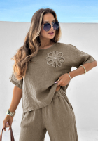 Lniany Set Bluse i Hose Empty Beach Mokkafarben