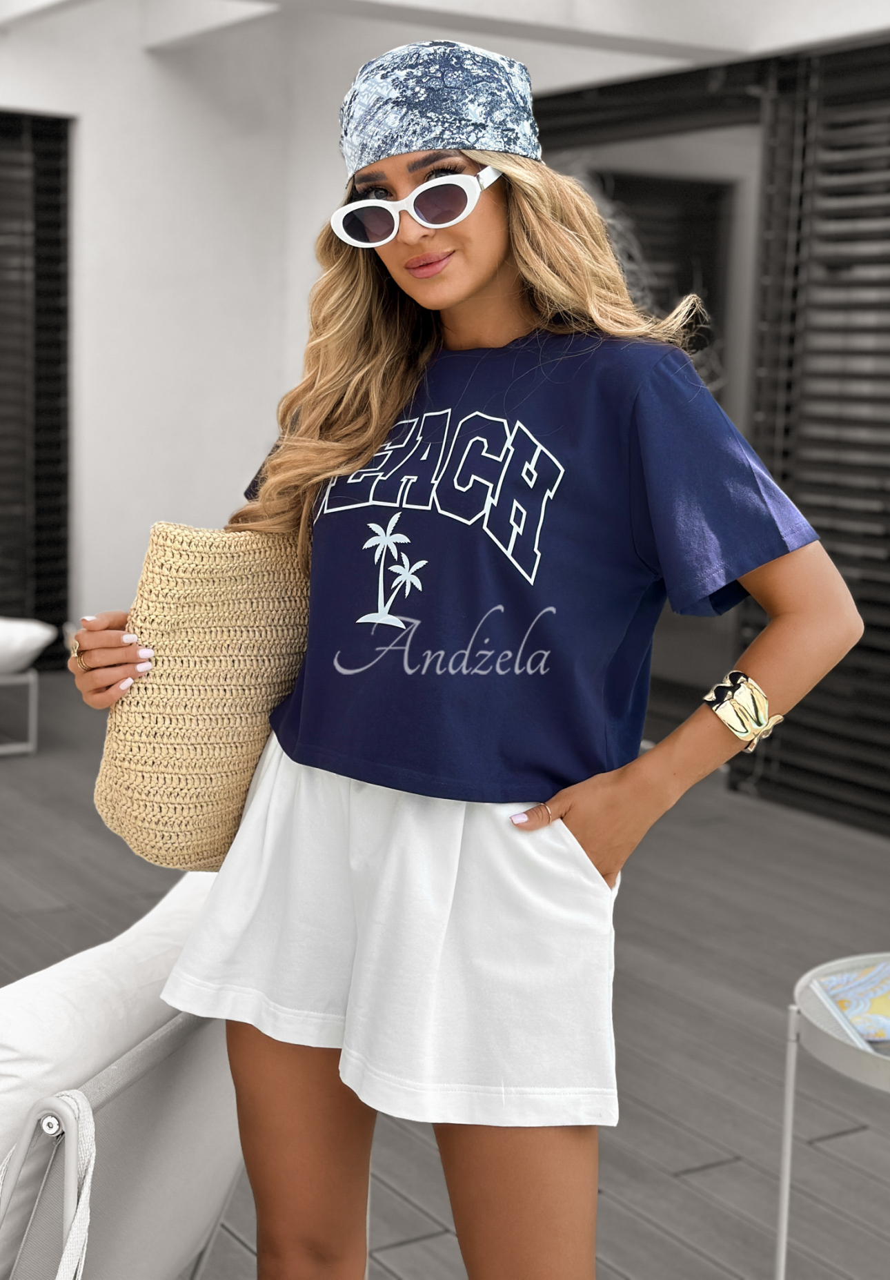 Beach Palms printed T-shirt navy blue