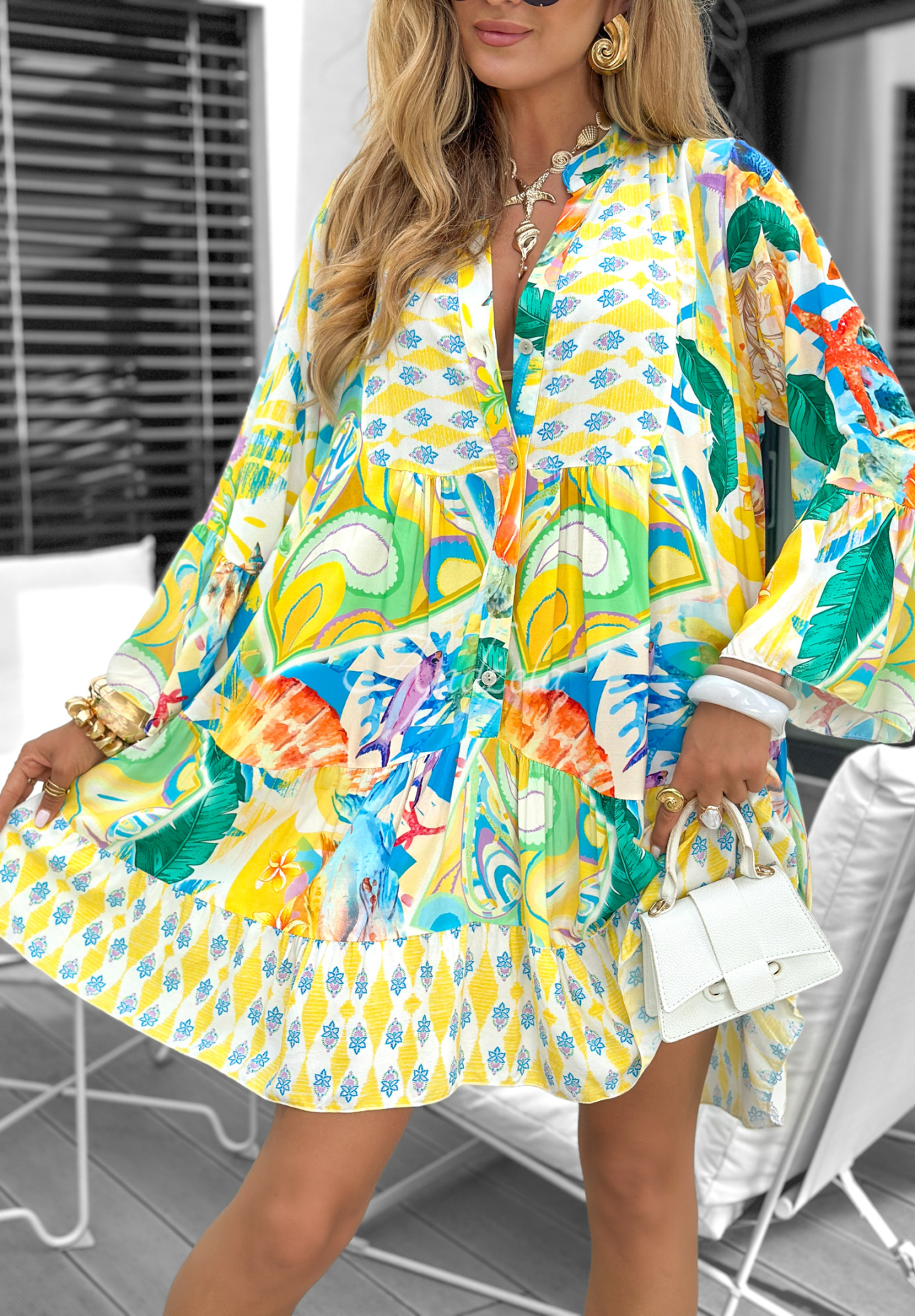Gemustertes Kleid mit Rüschen Relaxed Sunshine gelb-blau