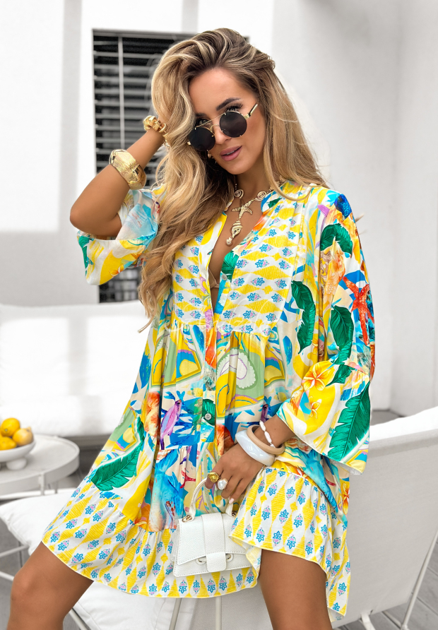 Gemustertes Kleid mit R&uuml;schen Relaxed Sunshine gelb-blau
