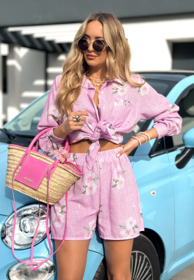 Leinen-Set Shirt und Shorts mit Blumen Flowery Me Lilafarben