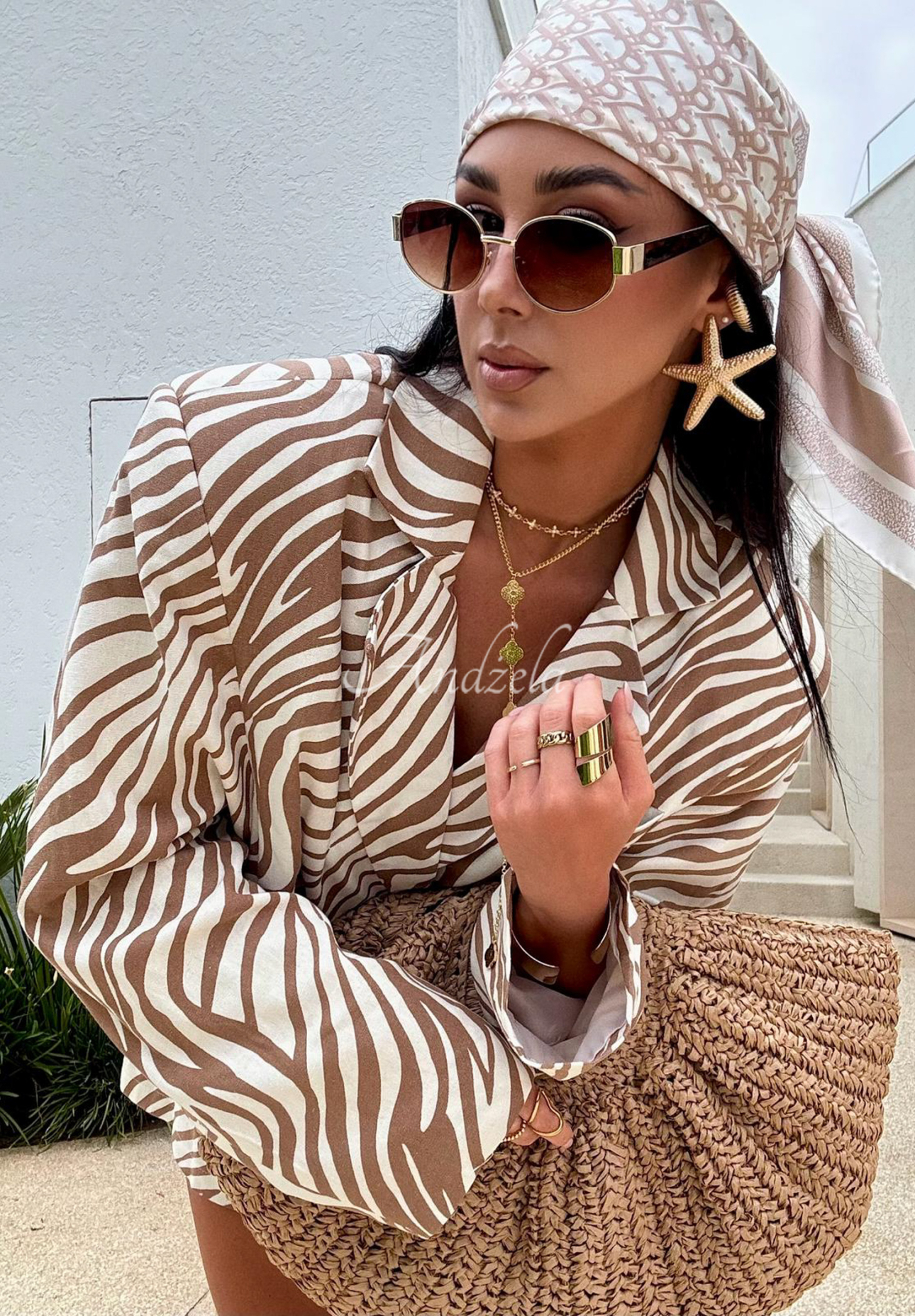 Linen zebra jacket and shorts set La Milla Beautiful Love Story white and beige