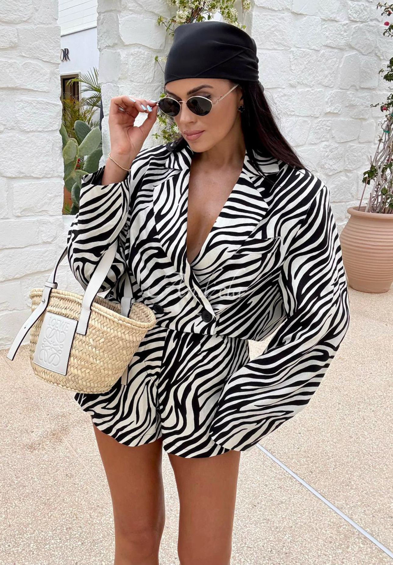 Leinenset Blazer und Shorts mit Zebramuster La Milla Beautiful Love Story weiß-Schwarz