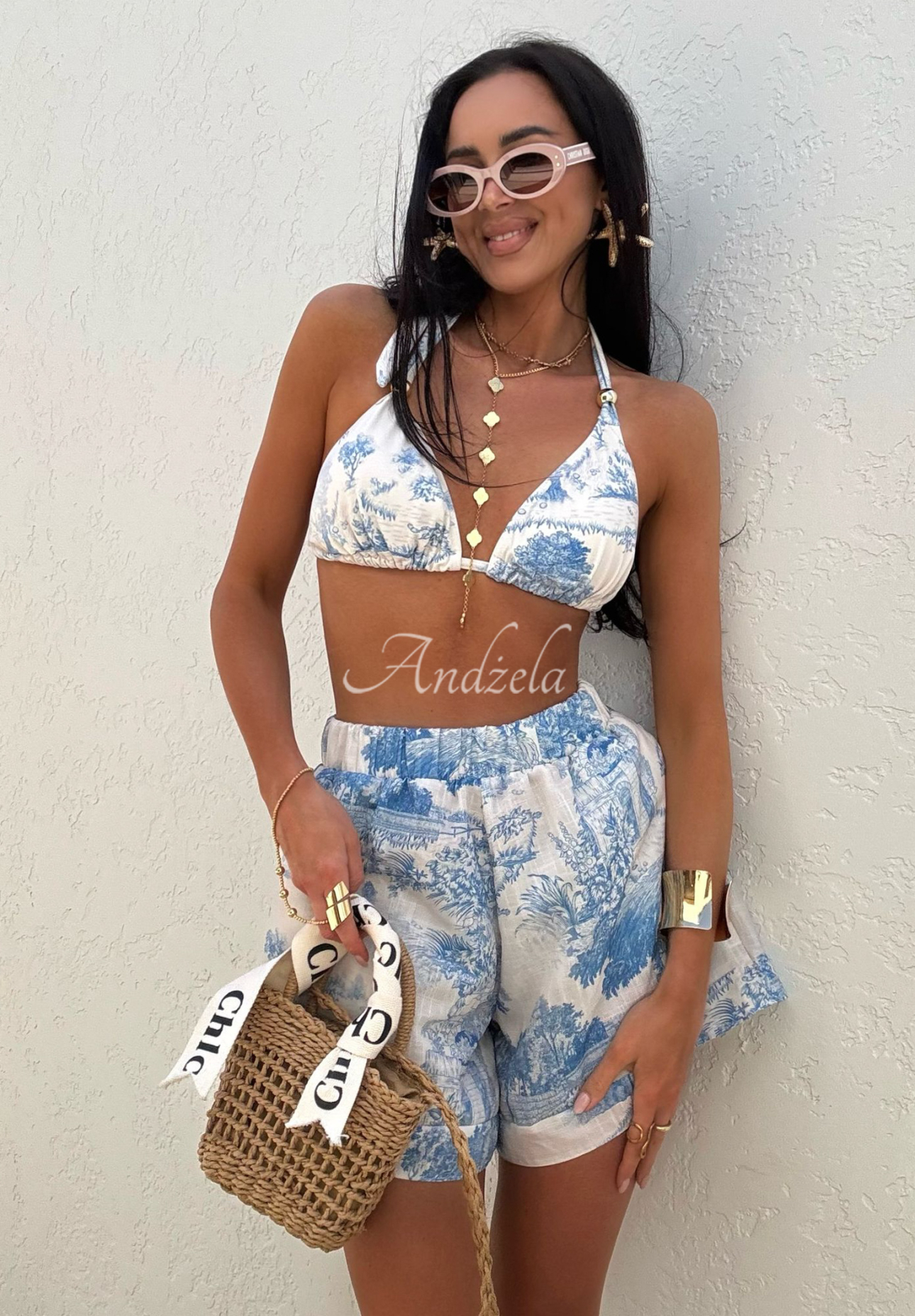 Leinen-Set: Hemd und Shorts mit Muster La Milla Sunbathing Today Himmelblau