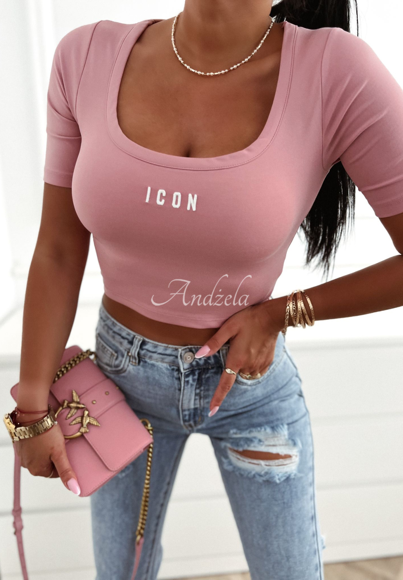 Short viscose blouse with Icon pink lettering