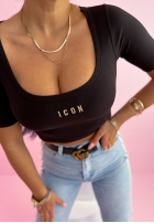 Krótka bluzka z napisem Icon czarna