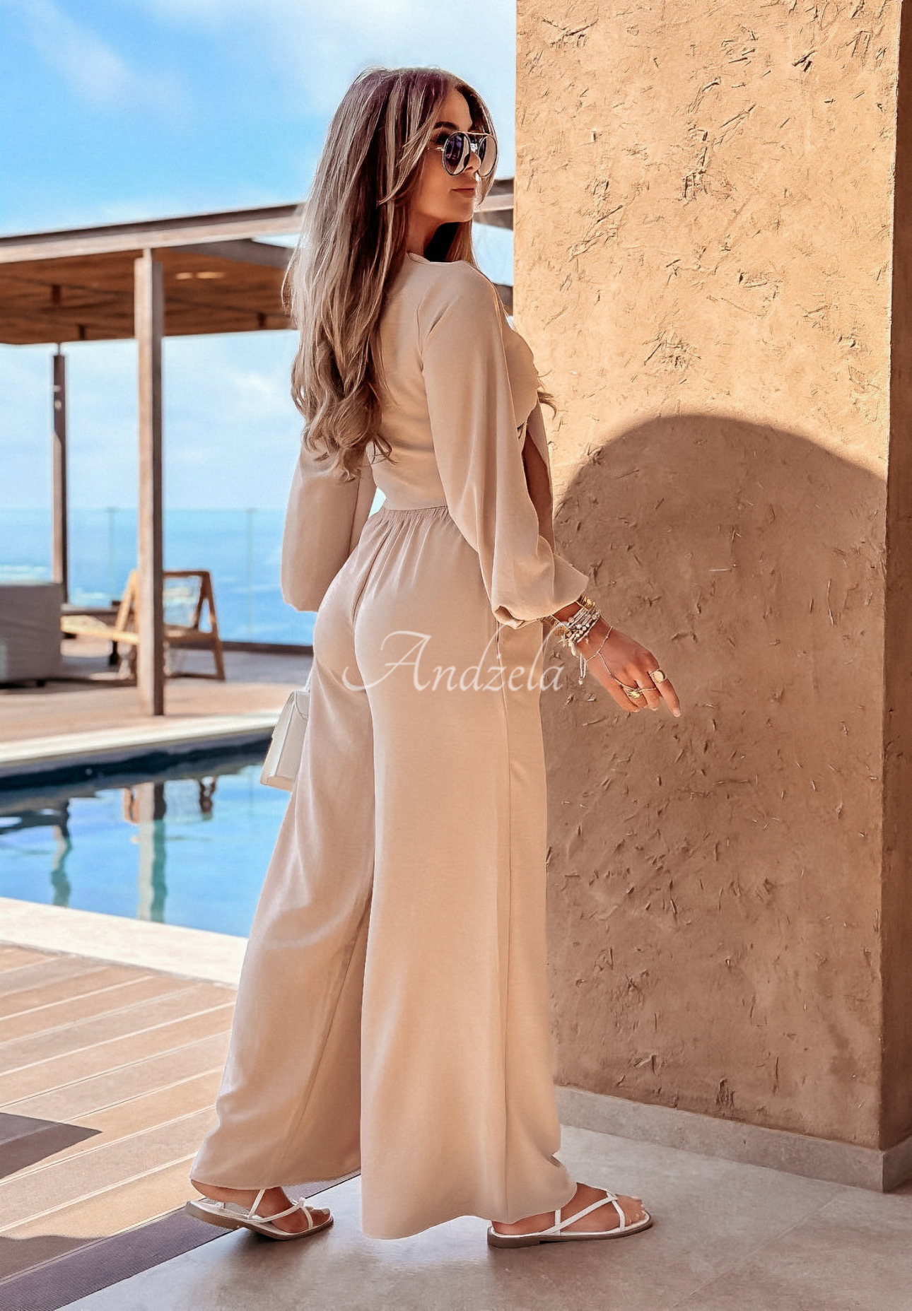 Viskose-Set Bluse und weite Hose Sorelli Beige