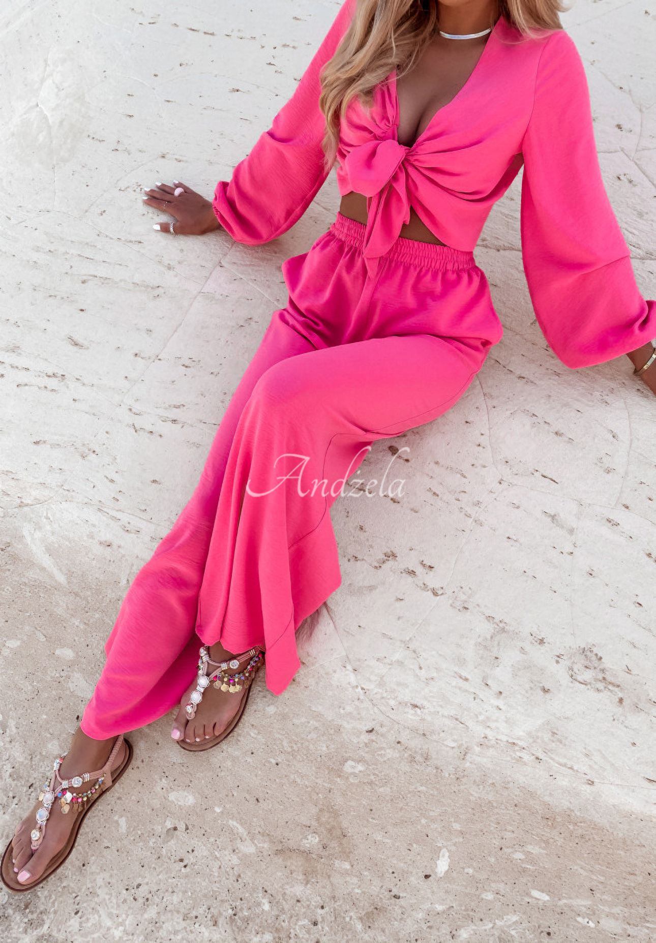 Viskose-Set Bluse und weite Hose Sorelli Neon Rosa