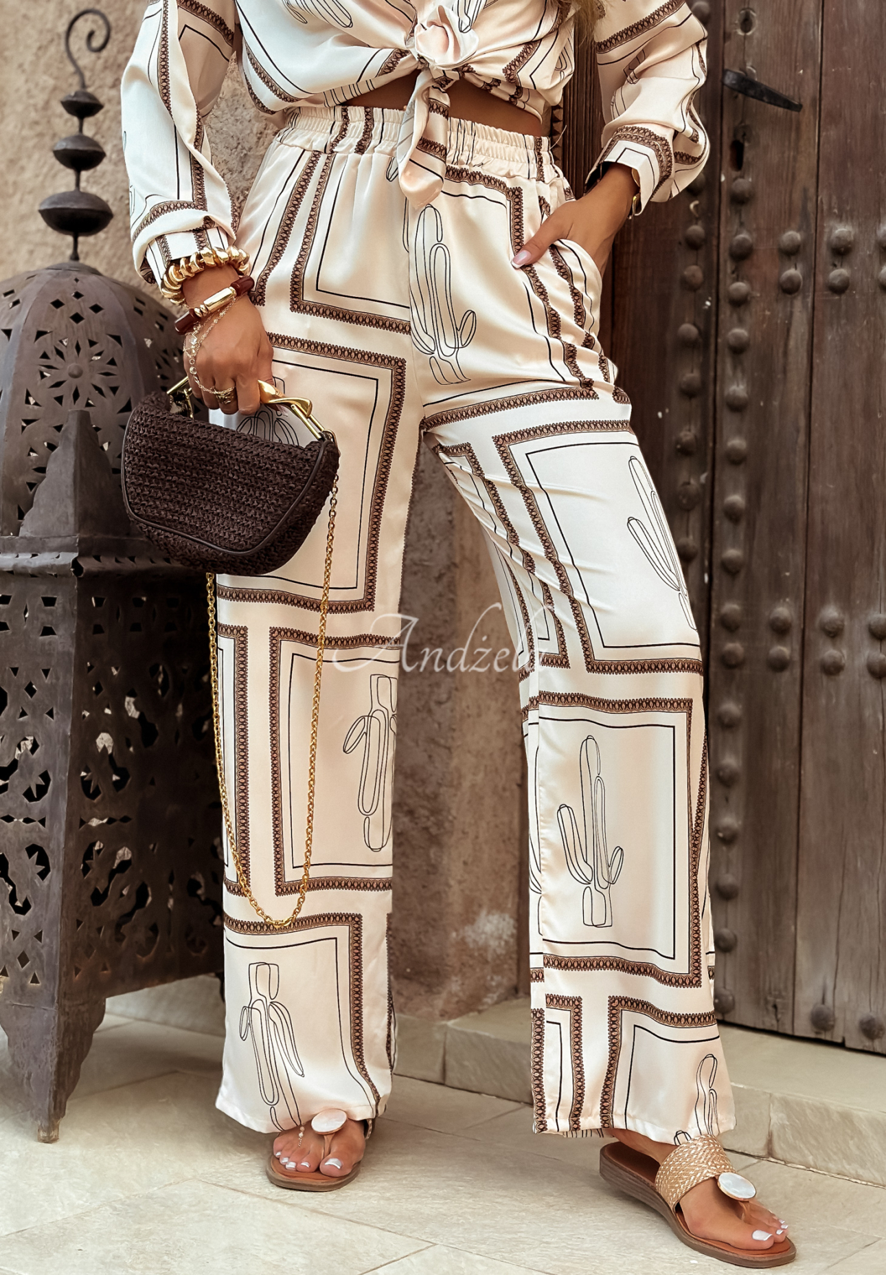 Satin patterned wide leg pants Girls Gone Wild light beige