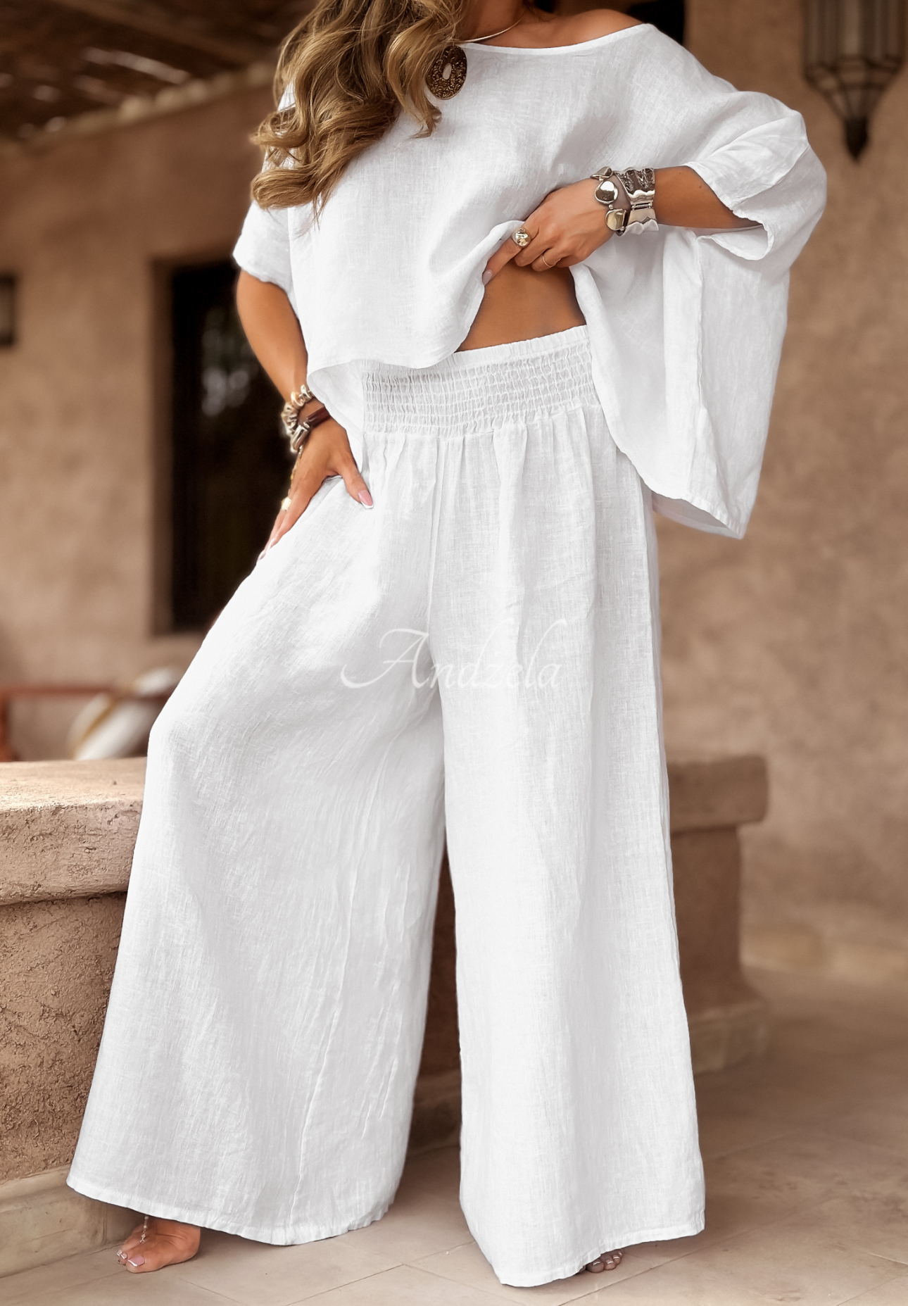 Leinenset Oberteil und Hose wide leg Desert Princess Weiß