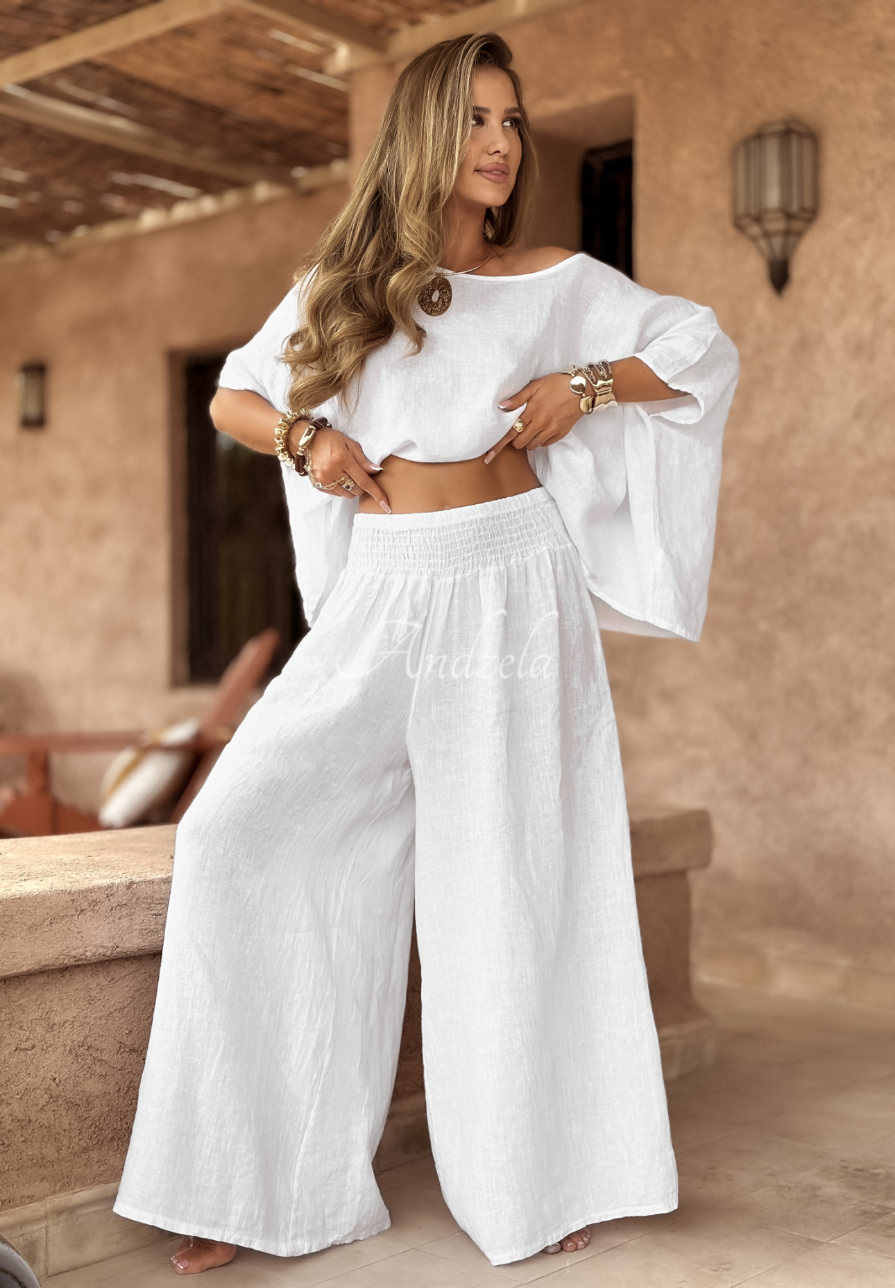 Leinenset Oberteil und Hose wide leg Desert Princess Weiß