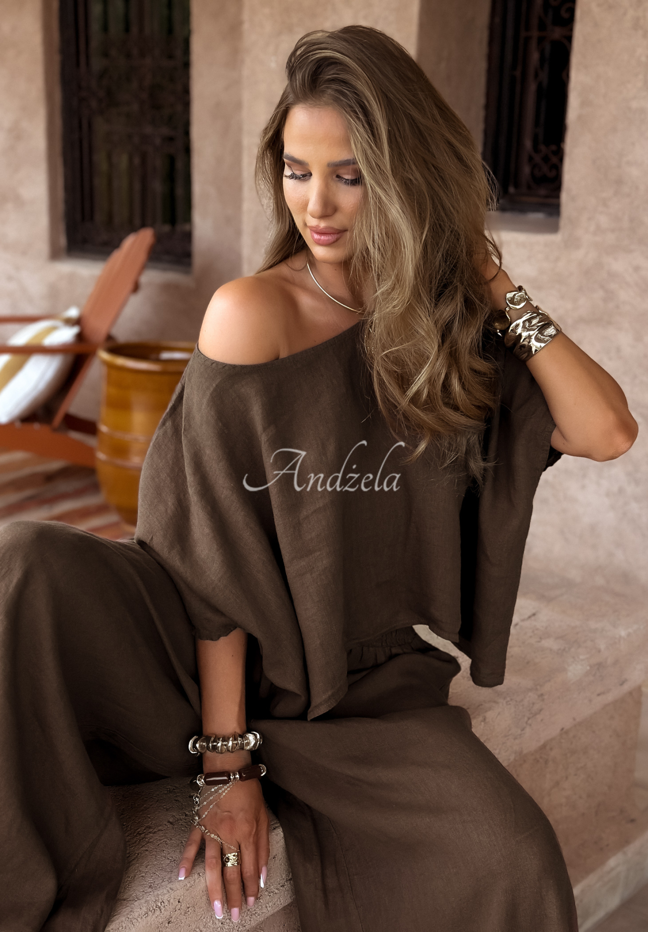 Linen set blouse and wide leg pants Desert Princess chocolate