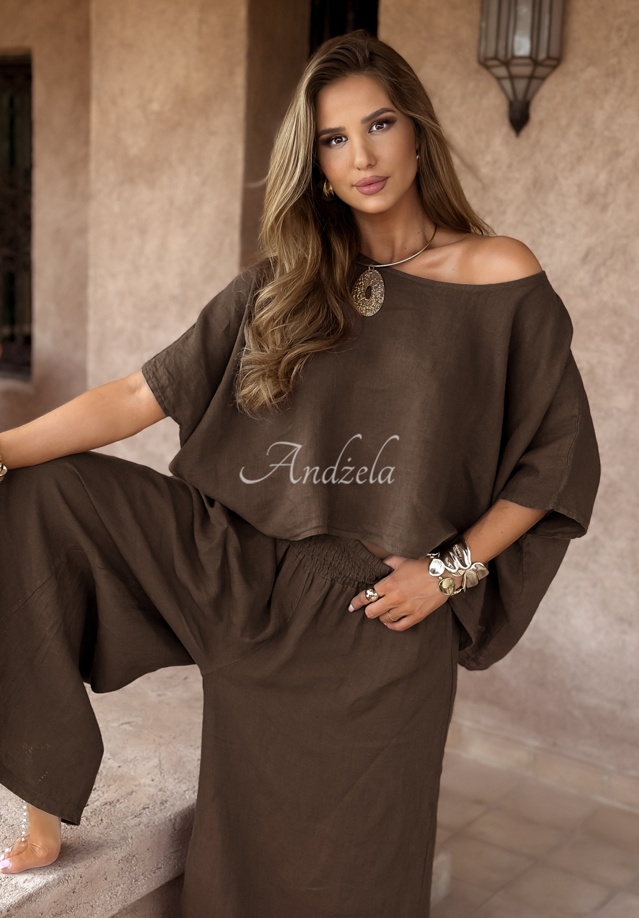 Leinenset Oberteil und Hose wide leg Desert Princess Schokoladenbraun