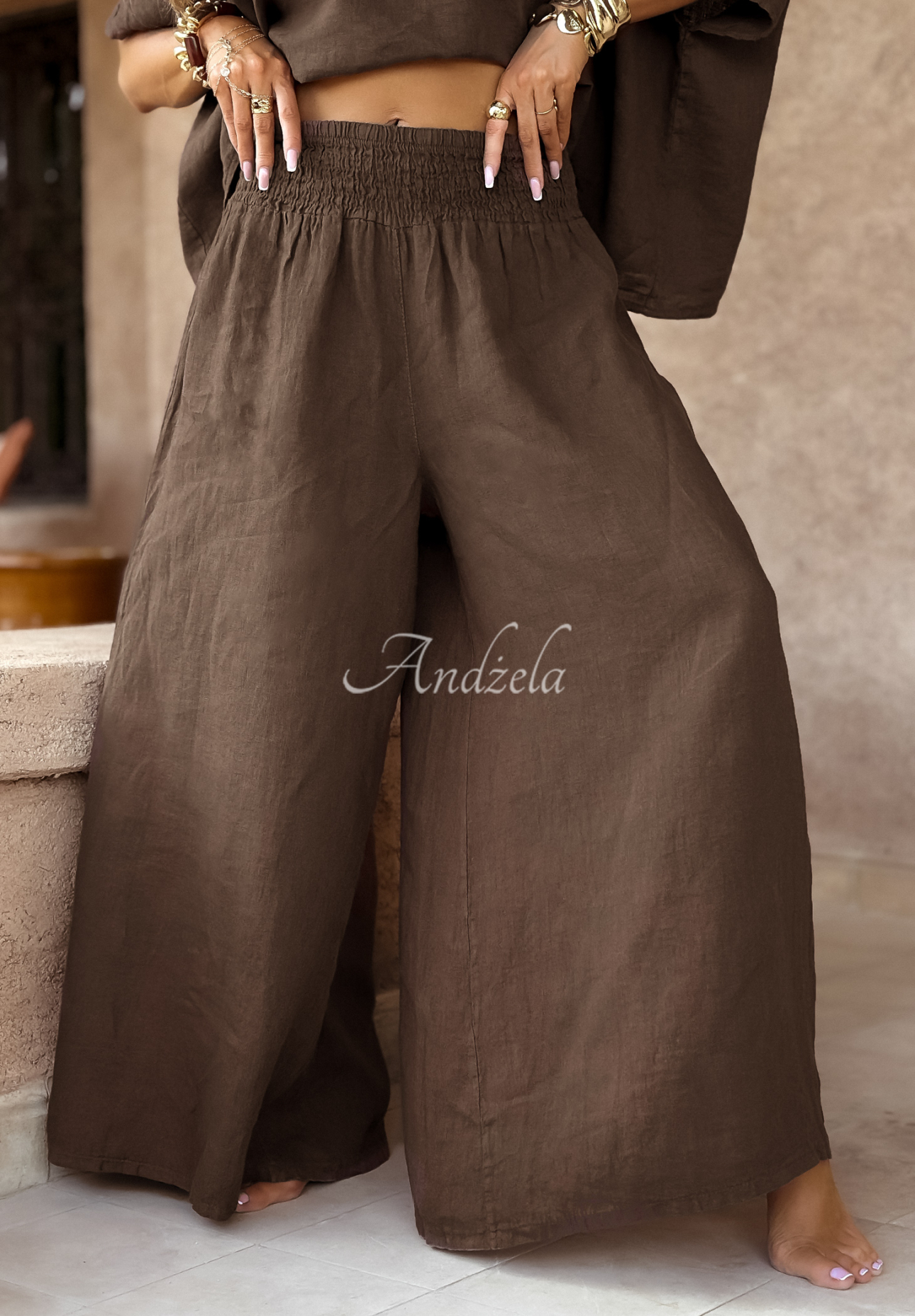 Leinenset Oberteil und Hose wide leg Desert Princess Schokoladenbraun