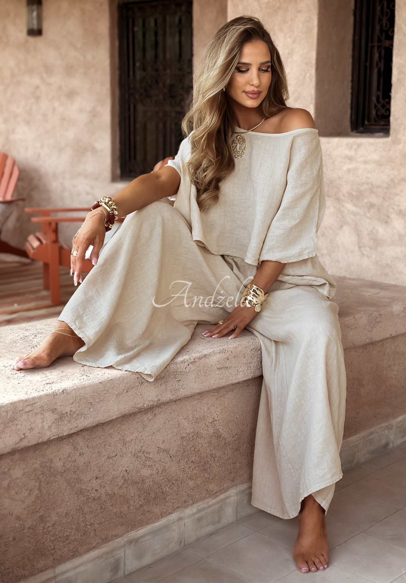 Leinenset Oberteil und Hose wide leg Desert Princess hellbeige