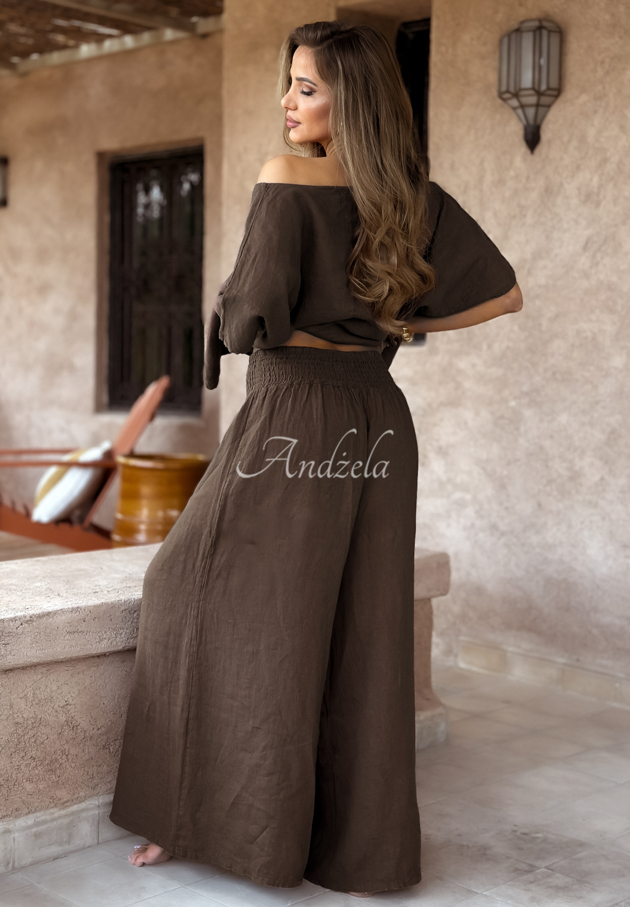 Leinenset Oberteil und Hose wide leg Desert Princess Schokoladenbraun
