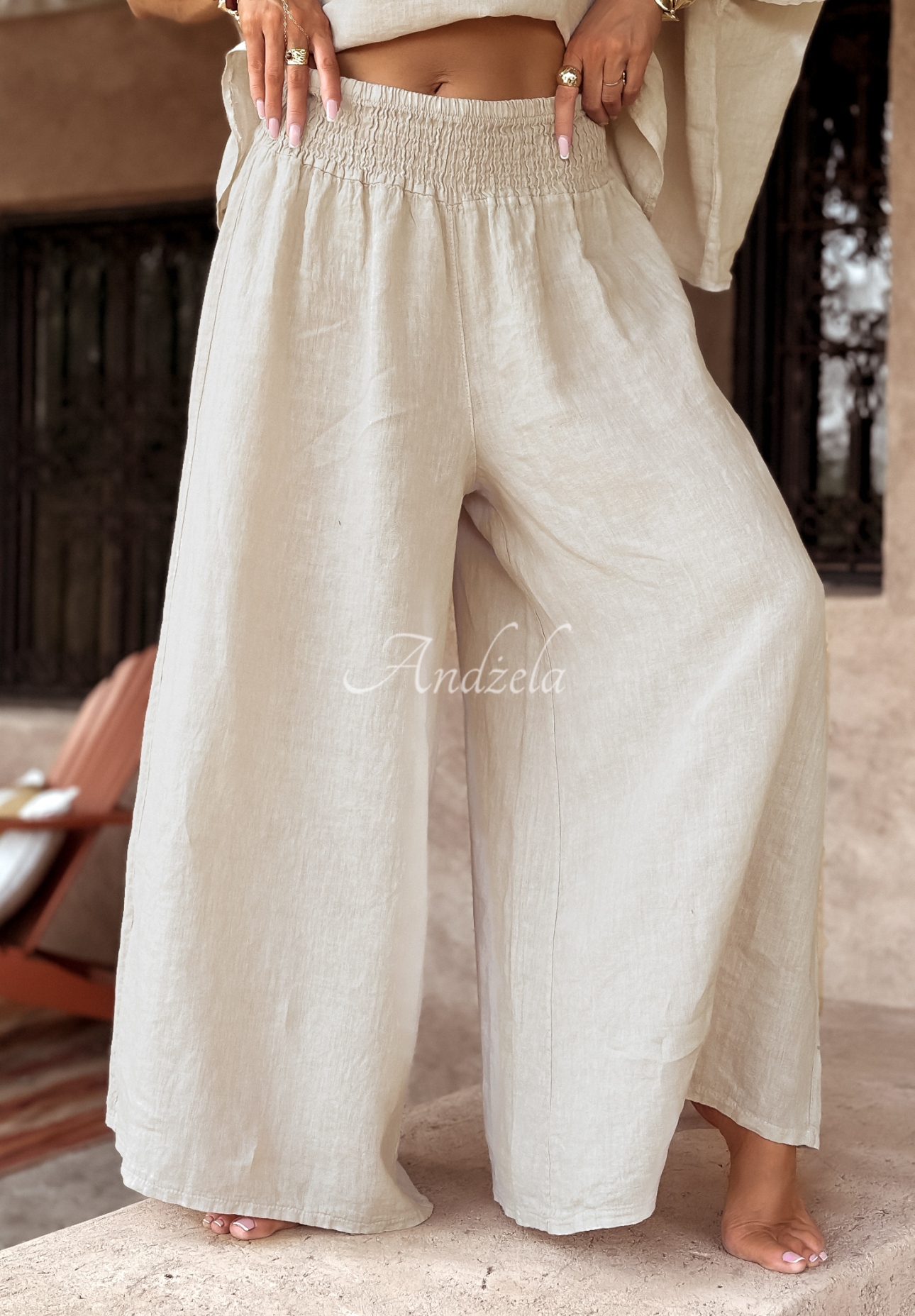 Leinenset Oberteil und Hose wide leg Desert Princess hellbeige
