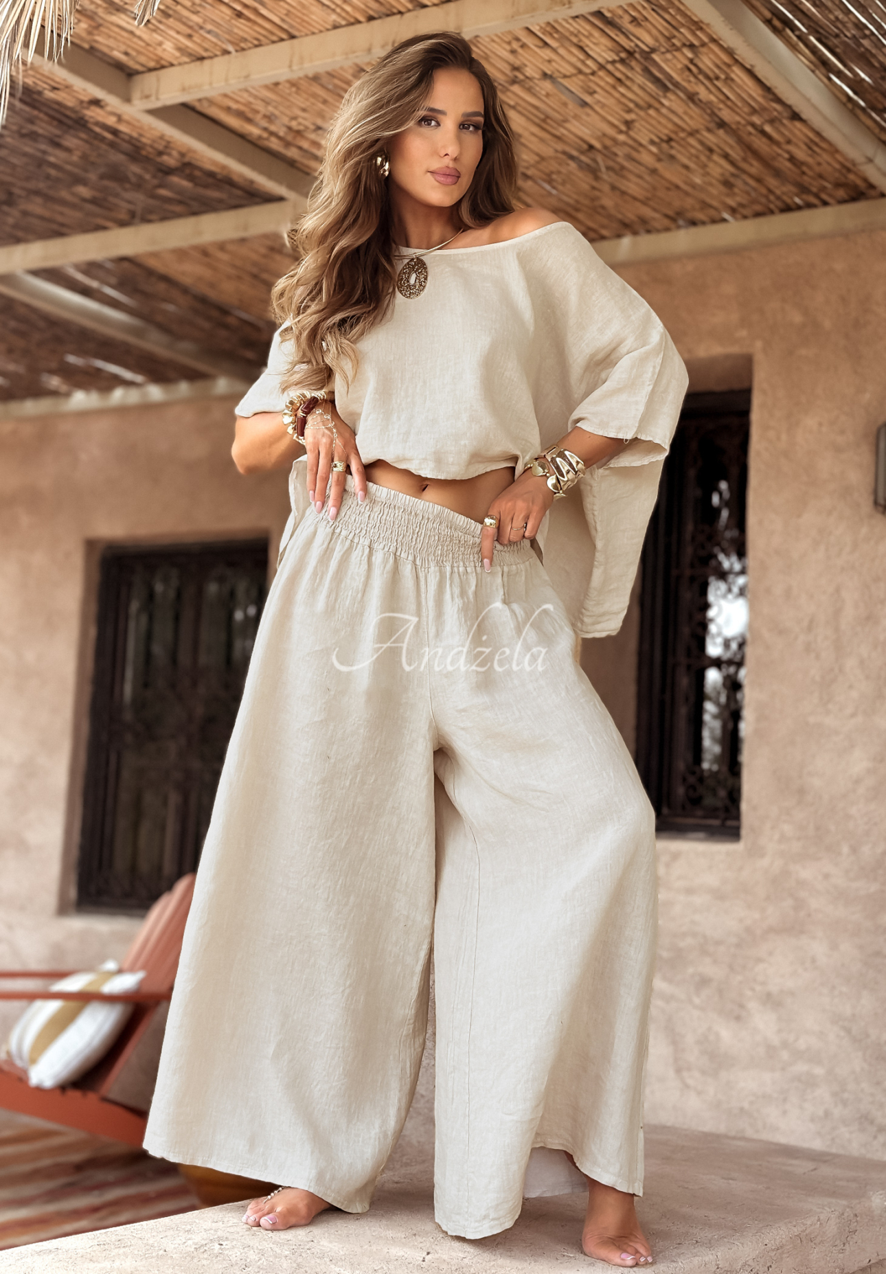 Leinenset Oberteil und Hose wide leg Desert Princess hellbeige