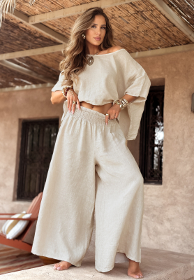 Leinenset Oberteil und Hose wide leg Desert Princess hellbeige