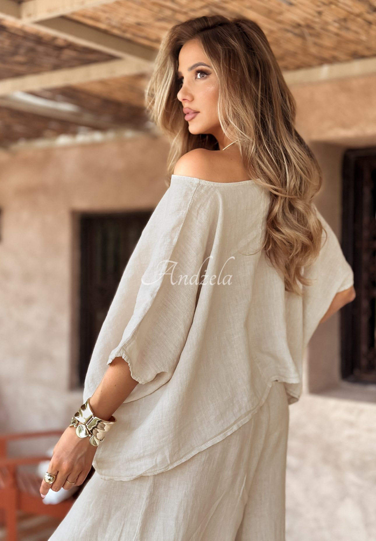 Linen set blouse and wide leg pants Desert Princess light beige