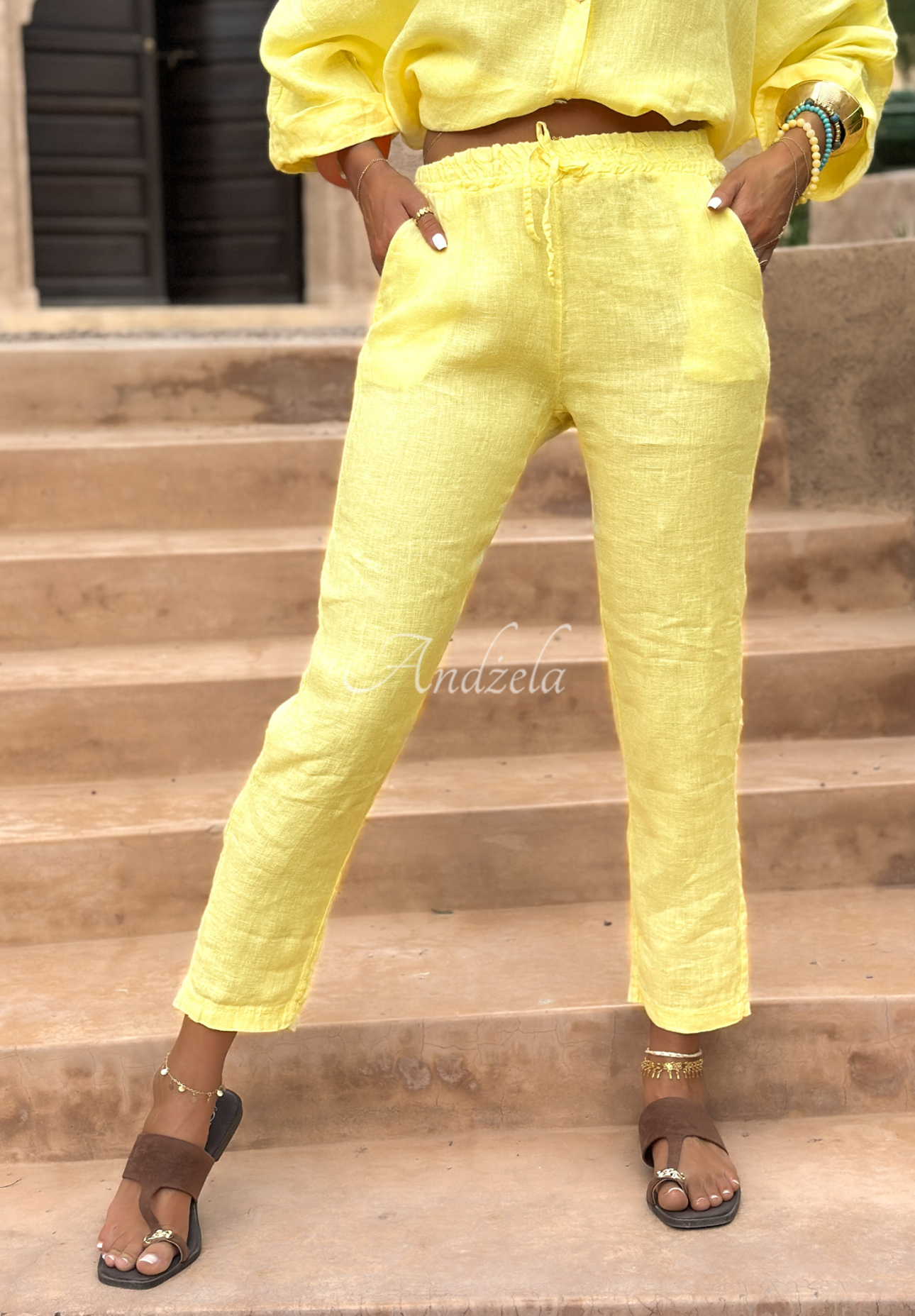 Leinenhose mit Bindung Summery Essentials Bananengelb