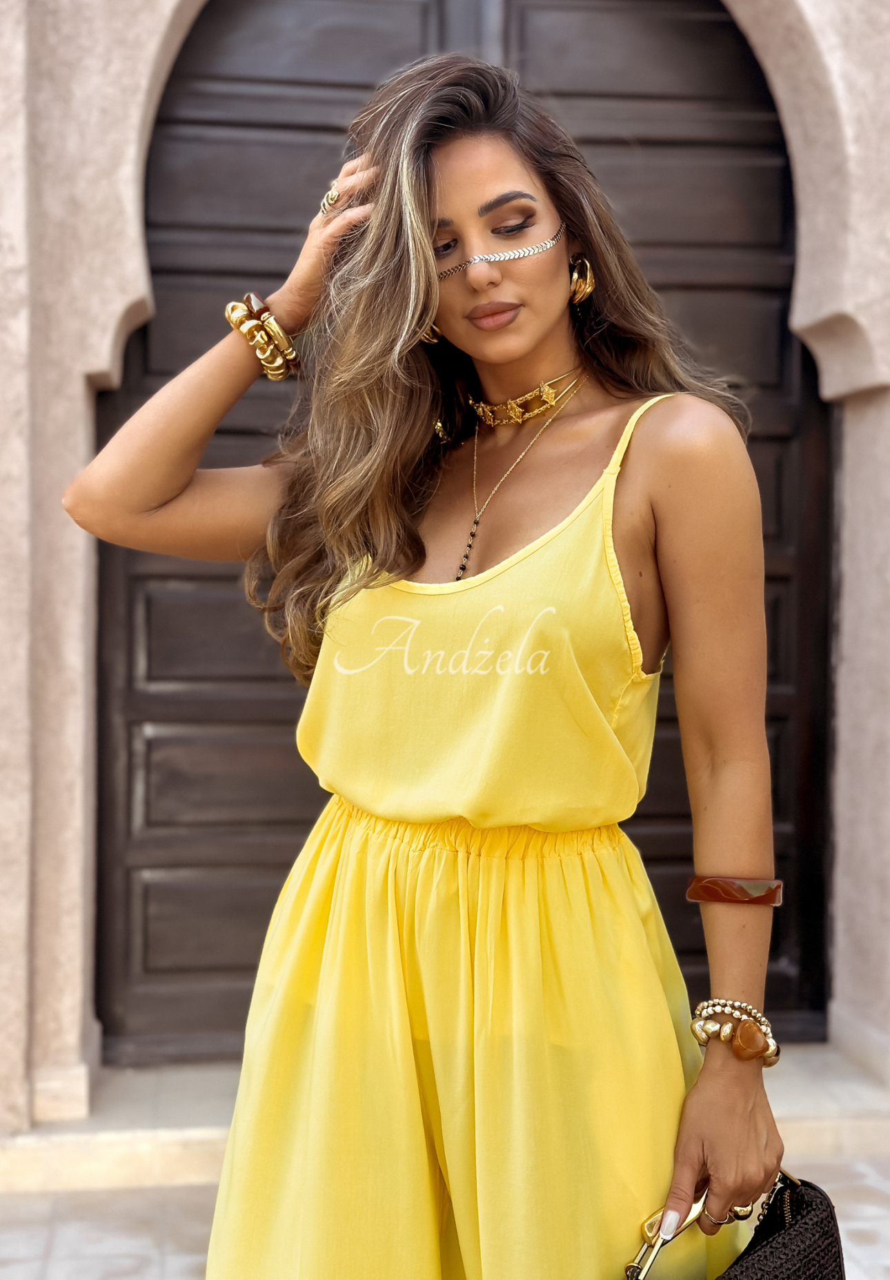 Viskose-Set Top und Hosen wide leg Summer Is My Favorite Bananengelb