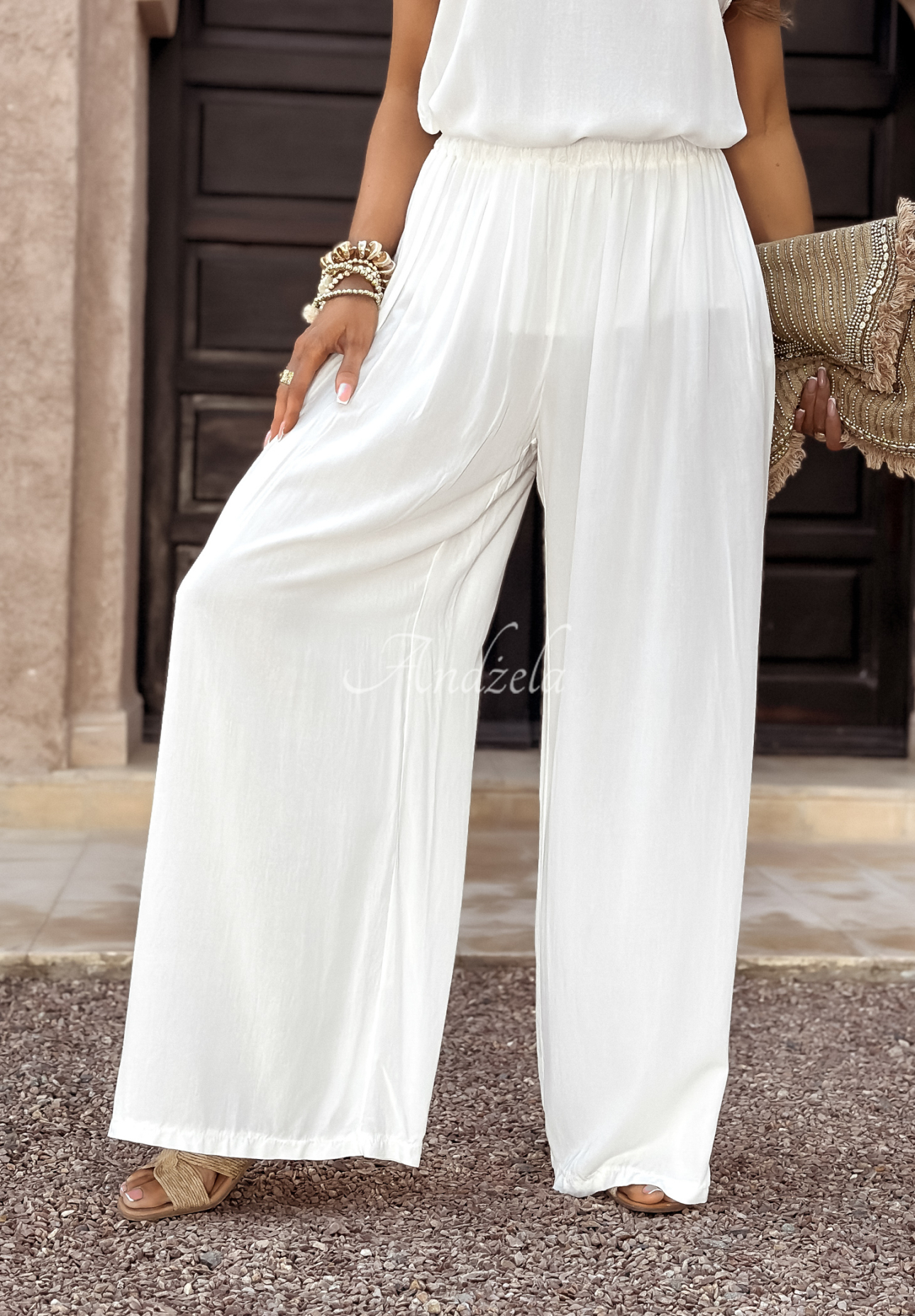 Viskose-Set Top und Hosen wide leg Summer Is My Favorite Weiß