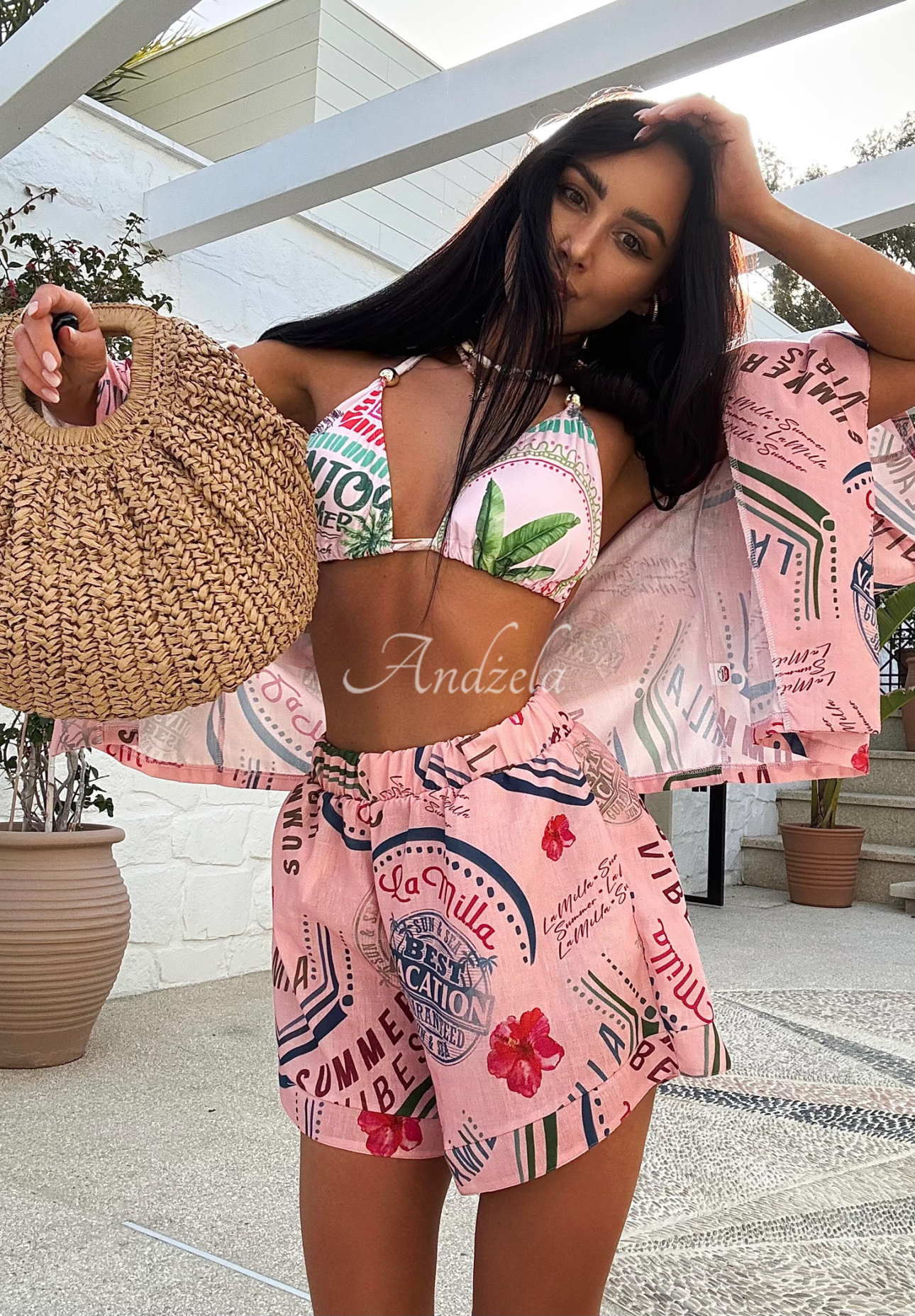 Leinen-Set: Hemd und Shorts mit Muster La Milla Sunbathing Today Rosa
