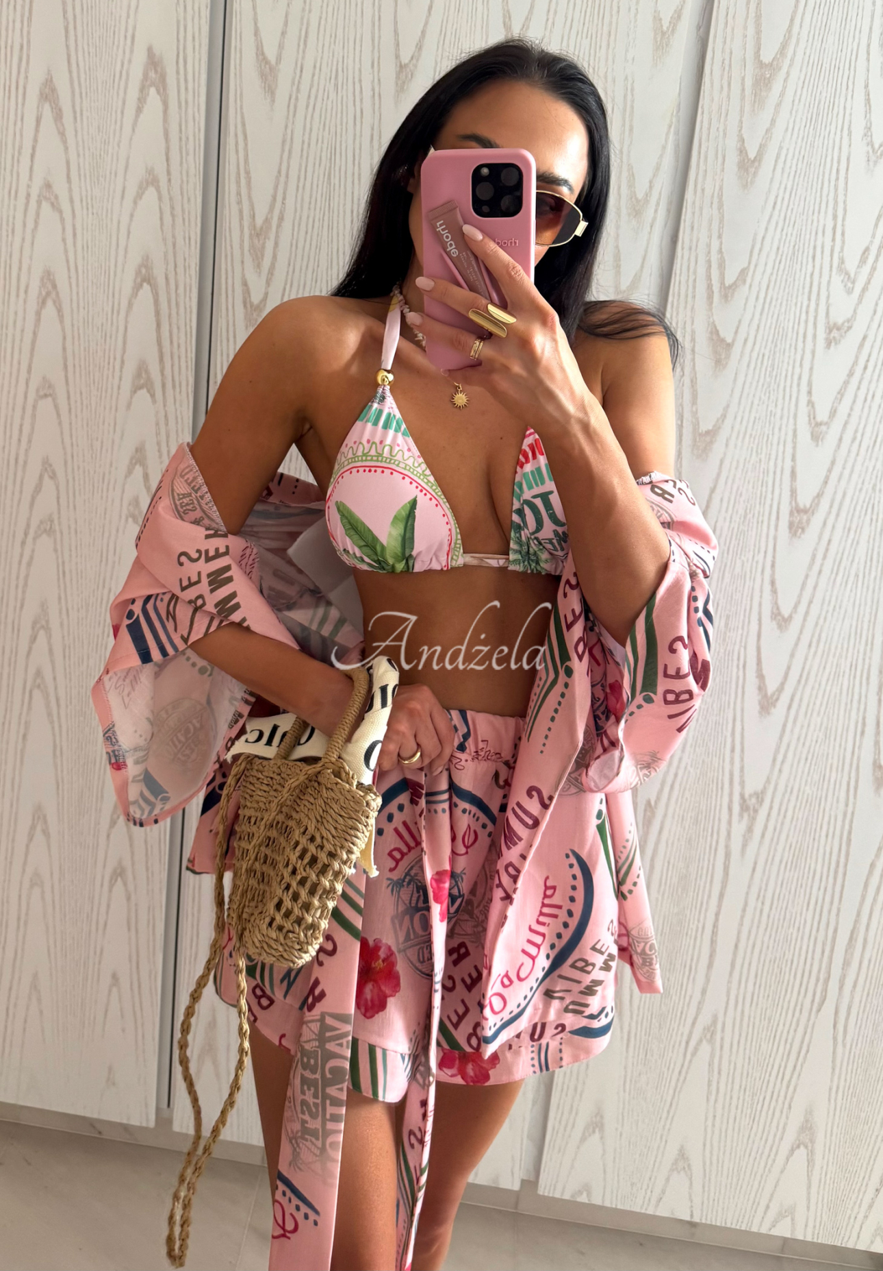 Leinen-Set: Hemd und Shorts mit Muster La Milla Sunbathing Today Rosa