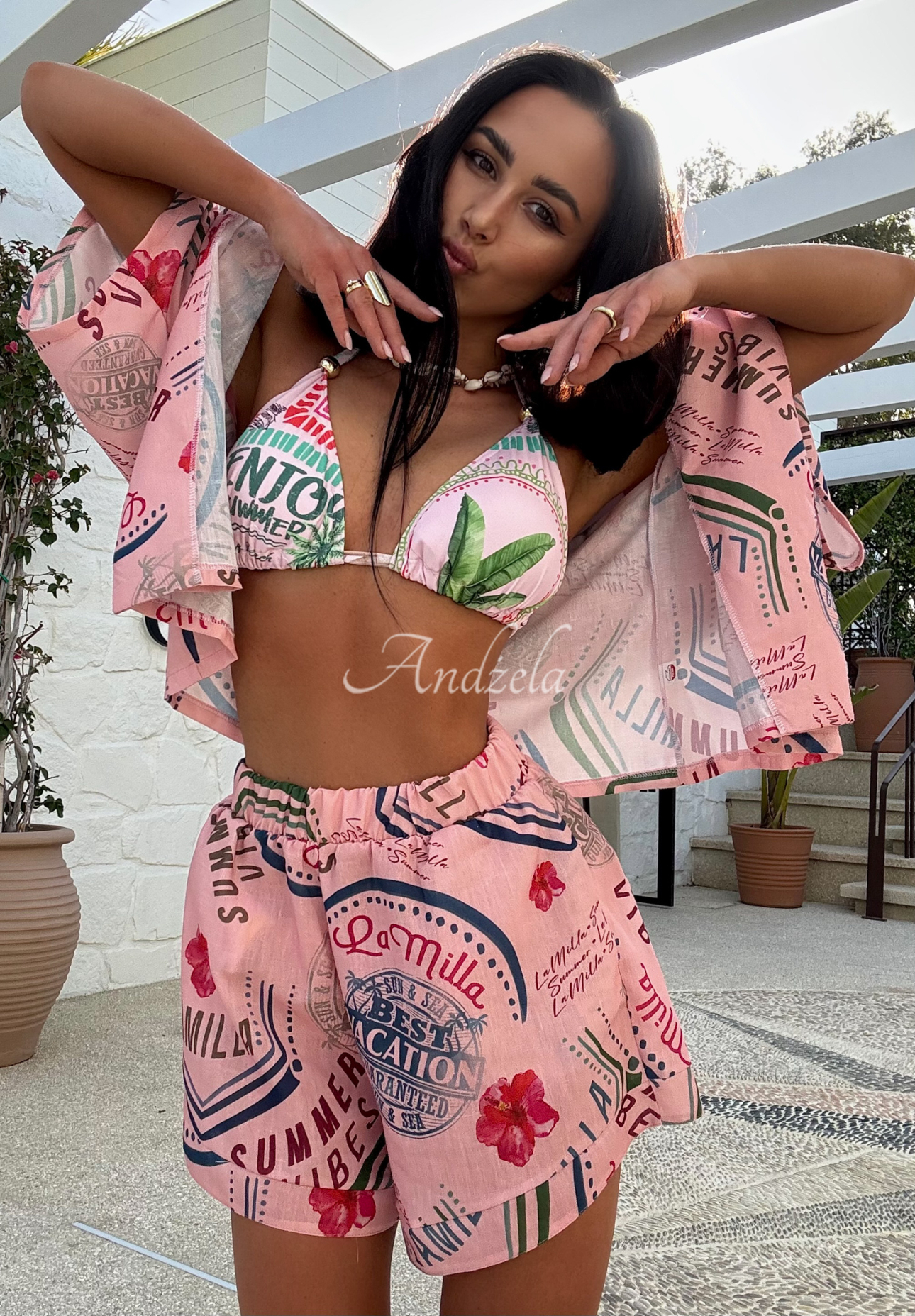 Leinen-Set: Hemd und Shorts mit Muster La Milla Sunbathing Today Rosa