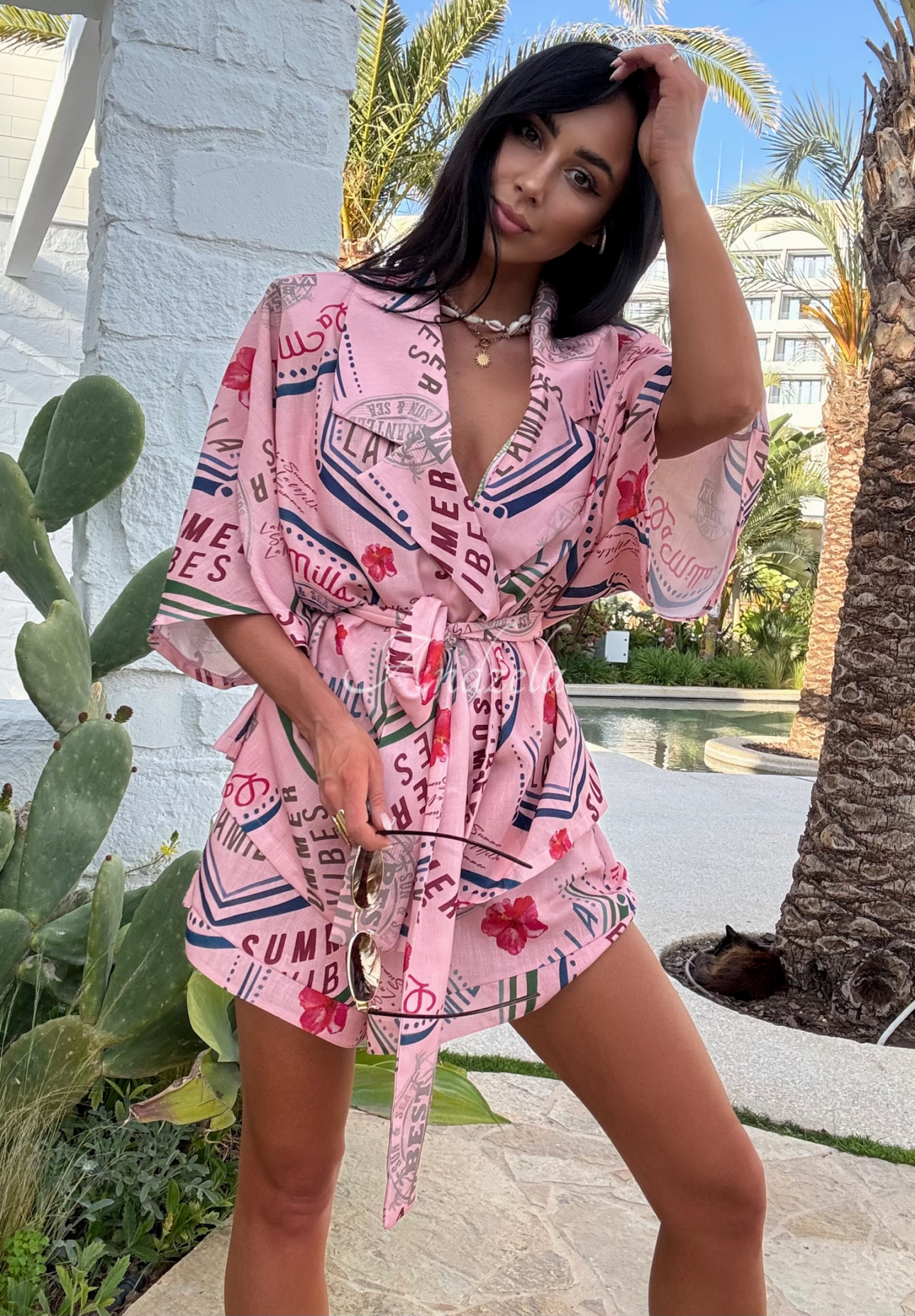 Leinen-Set: Hemd und Shorts mit Muster La Milla Sunbathing Today Rosa