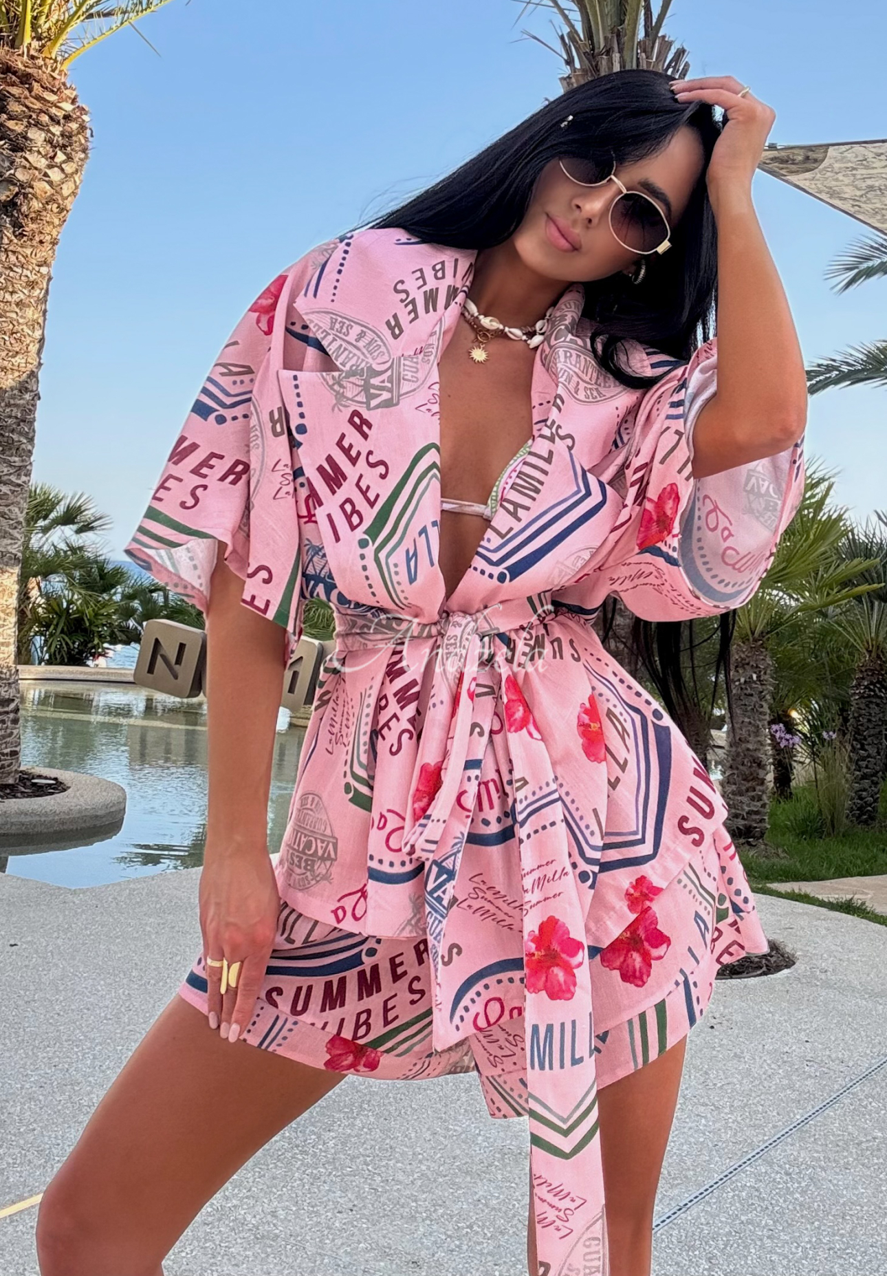 Leinen-Set: Hemd und Shorts mit Muster La Milla Sunbathing Today Rosa