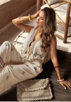 Hose wide leg z haftami boho Worth A Visit Hell Beige