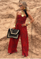 Długi Jumpsuit wide leg w panterkę Flower Fusion Rot