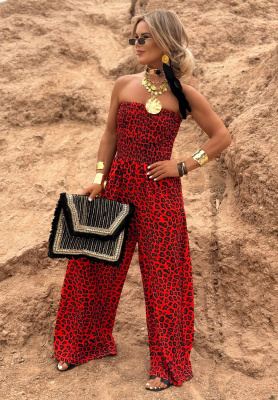 Langer Overall wide leg mit Leopardenmuster Wild Fusion Rot