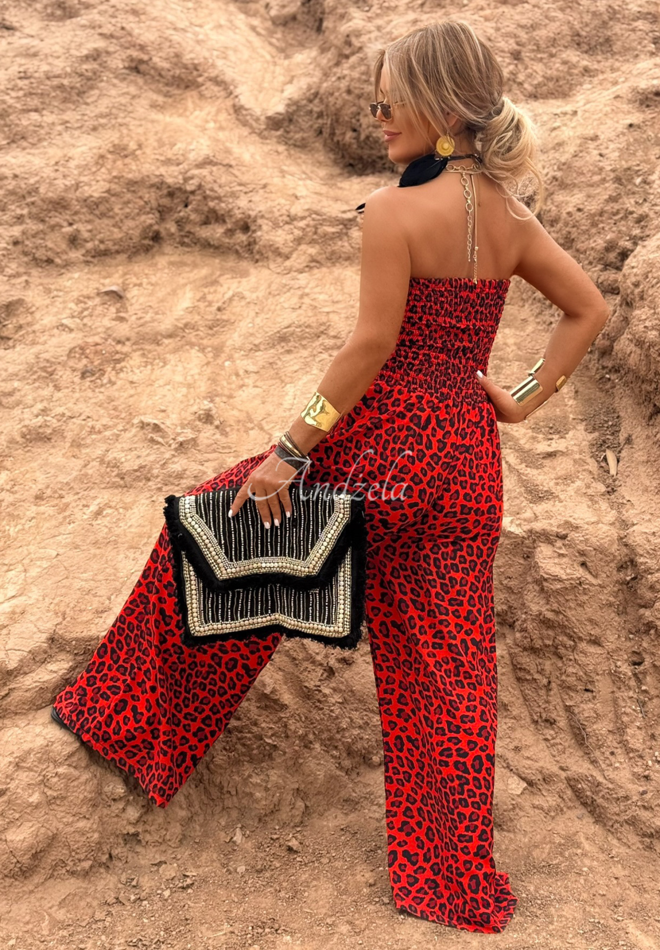 Langer Overall wide leg mit Leopardenmuster Wild Fusion Rot