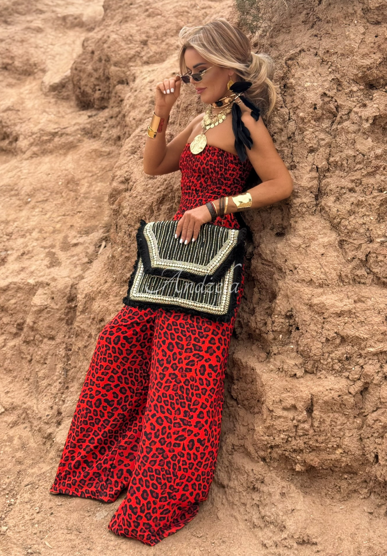 Langer Overall wide leg mit Leopardenmuster Wild Fusion Rot