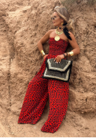 Długi Jumpsuit wide leg w panterkę Flower Fusion Rot