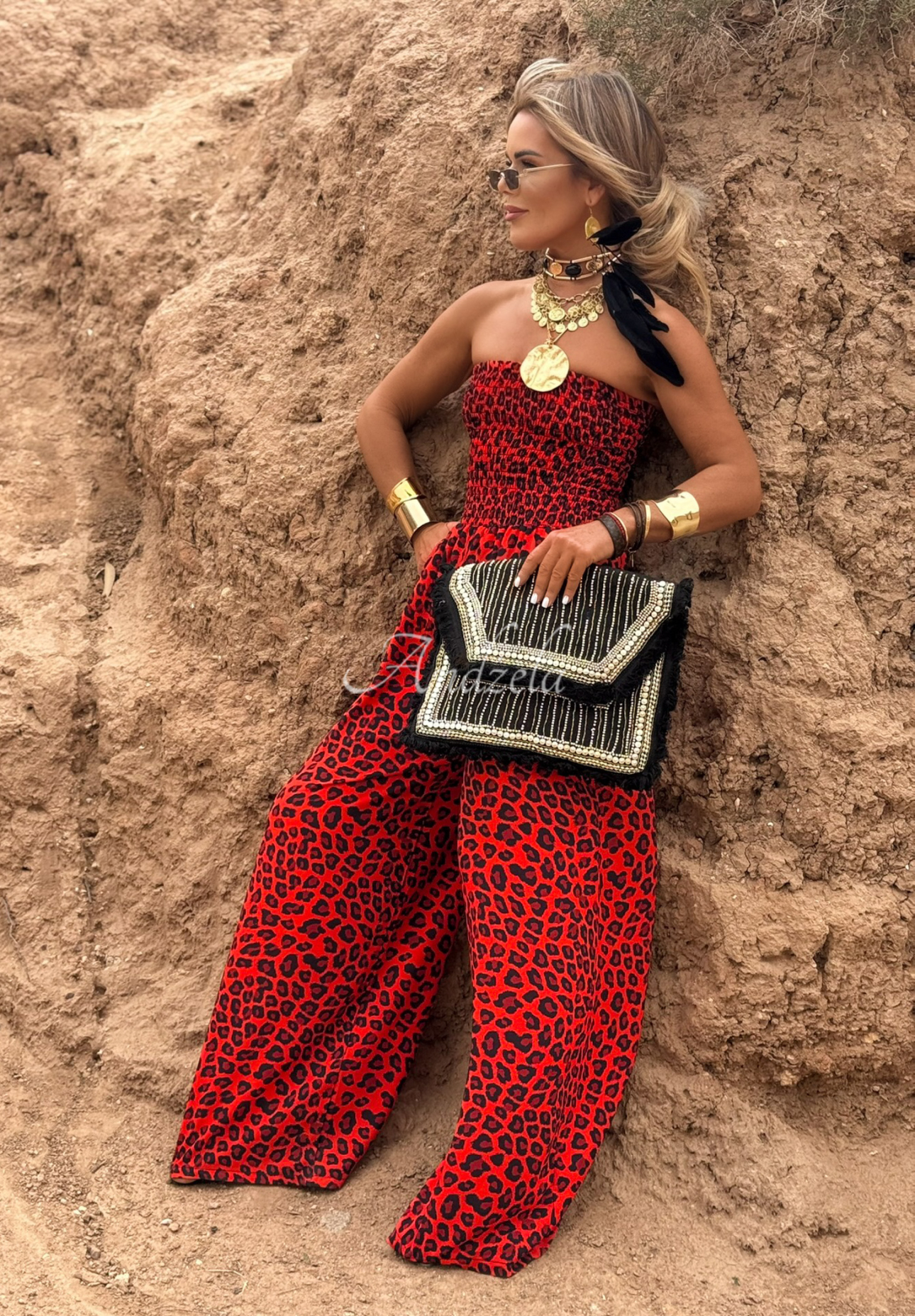 Langer Overall wide leg mit Leopardenmuster Wild Fusion Rot
