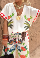 Set Bluse i Hose wide leg Mit Muster Flowers & Palms hellbeige