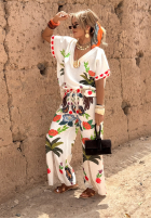 Set Bluse i Hose wide leg Mit Muster Flowers & Palms hellbeige