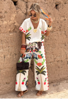 Set Bluse i Hose wide leg Mit Muster Flowers & Palms hellbeige