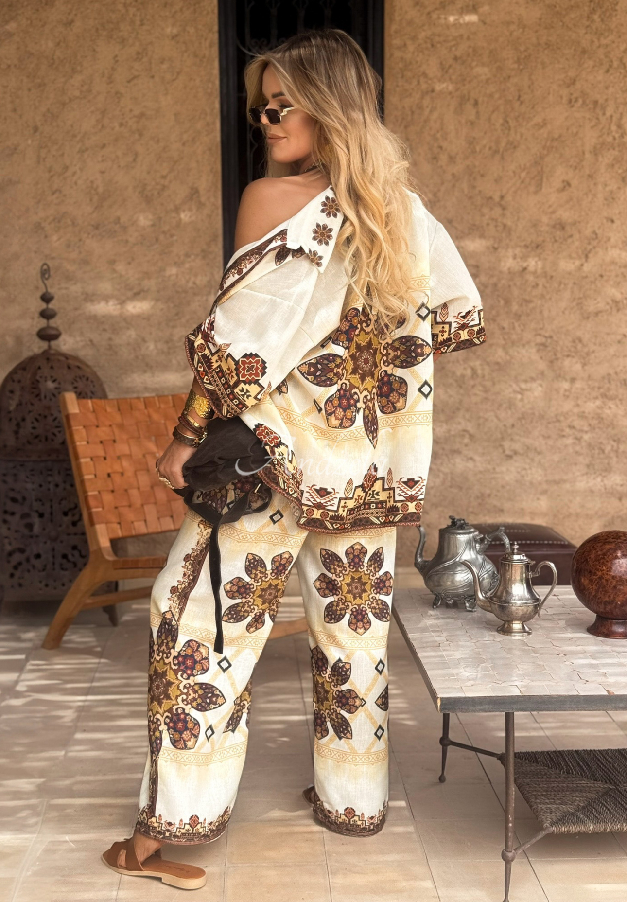 Piece Of Paradise beige patterned wide leg shirt and pants set