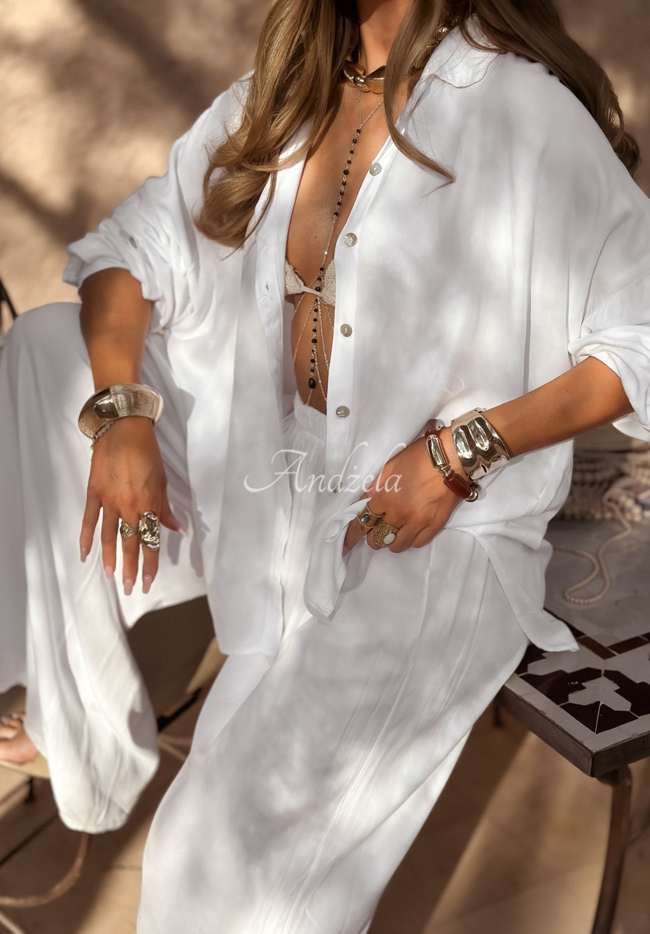 Viskose-Set Hemd und Hose wide leg Summer Skies Weiß