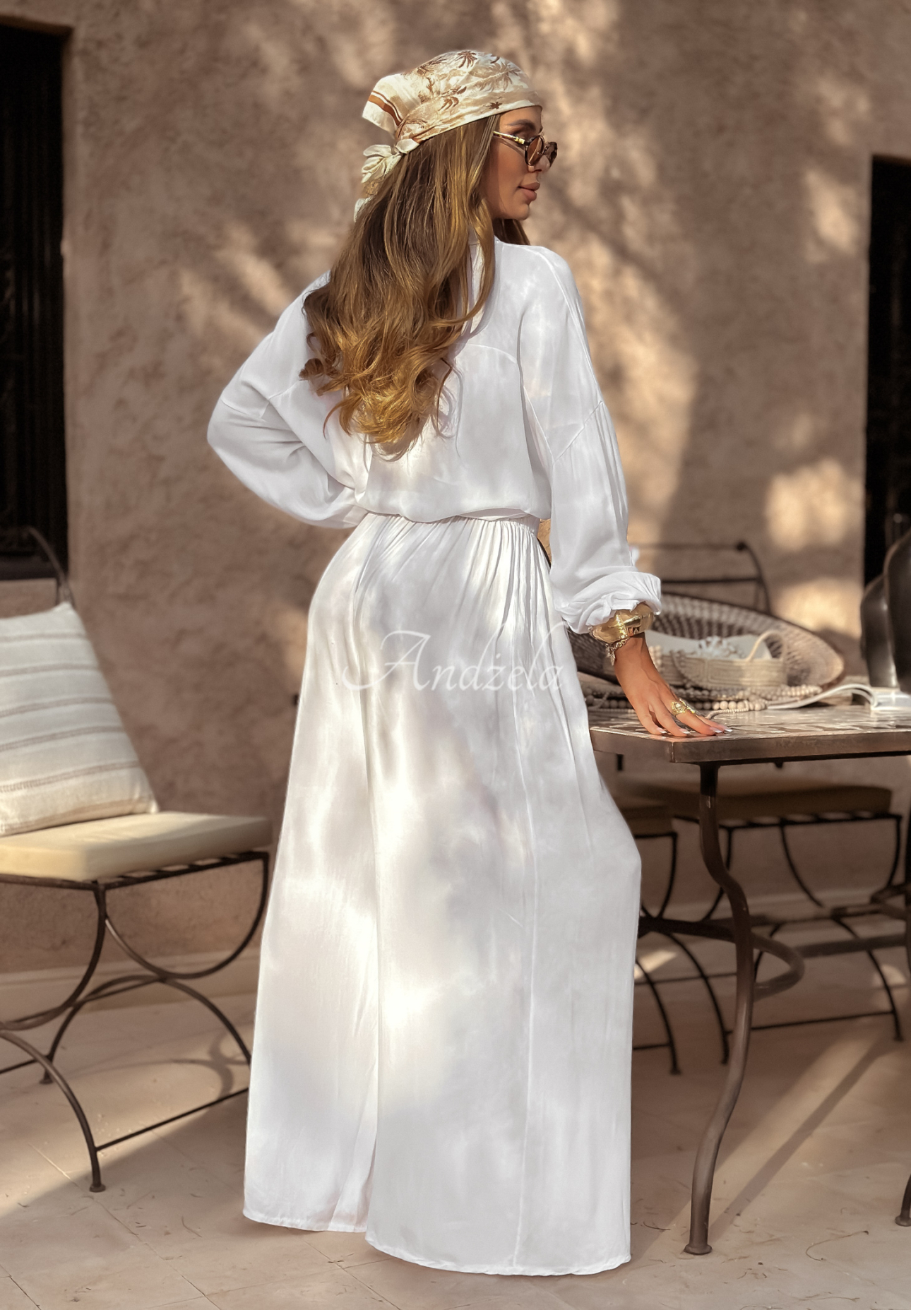 Viscose set wide leg shirt and pants Summer Skies white
