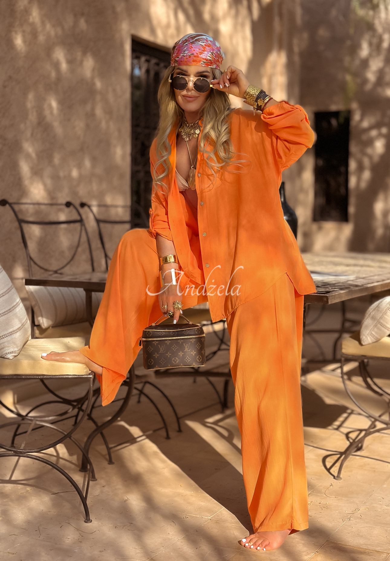 Viscose set wide leg shirt and pants Summer Skies orange