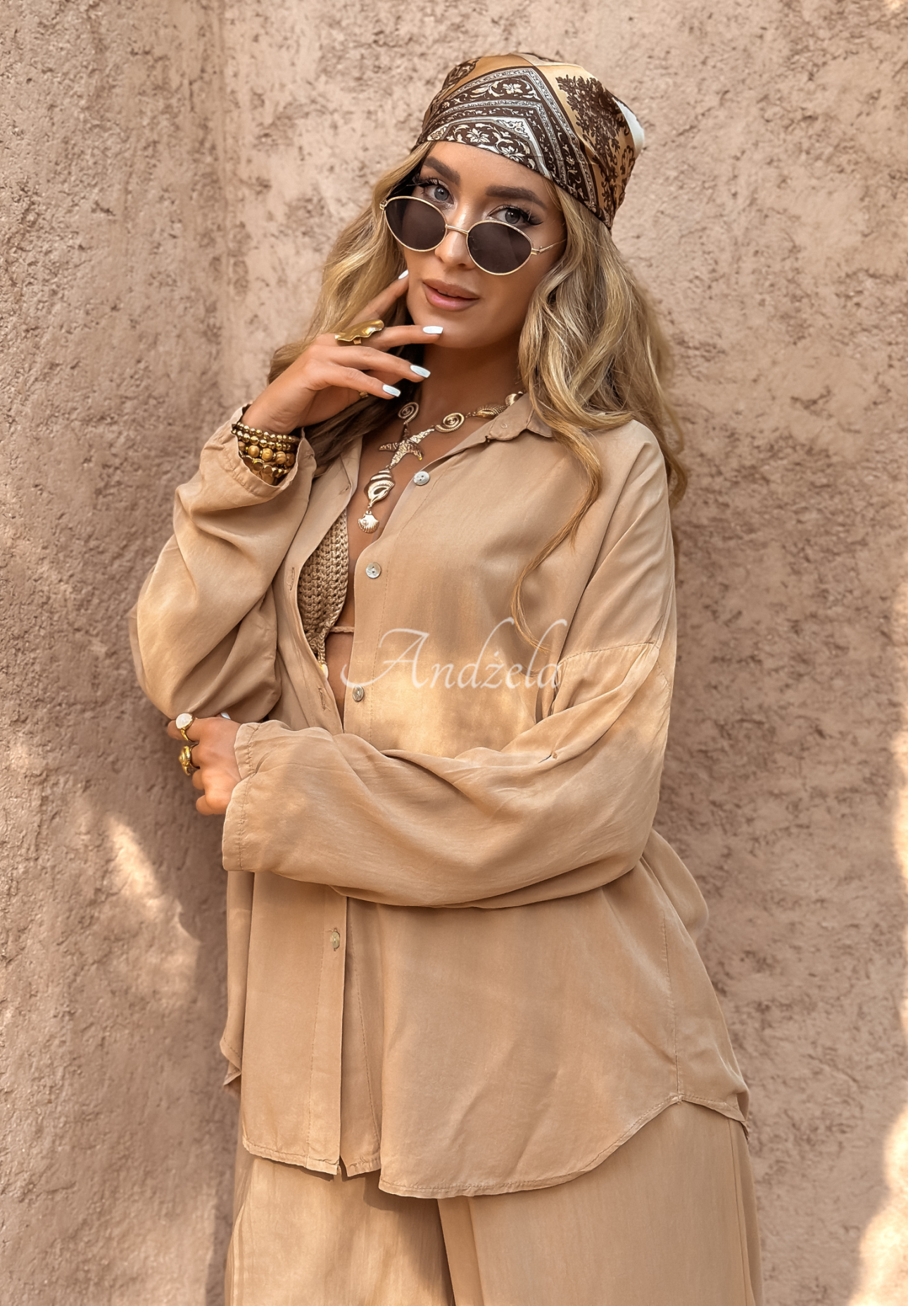 Viscose set wide leg shirt and pants Summer Skies camel