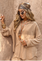 Wiskozowy komplet koszula i spodnie wide leg Summer Skies camelowy