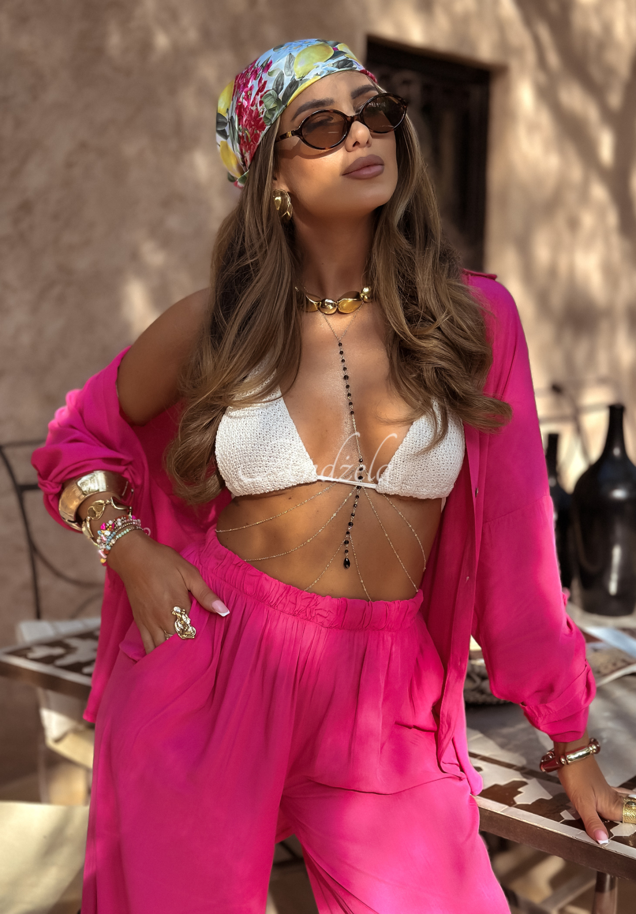 Viskose-Set Hemd und Hose wide leg Summer Skies Fuchsia